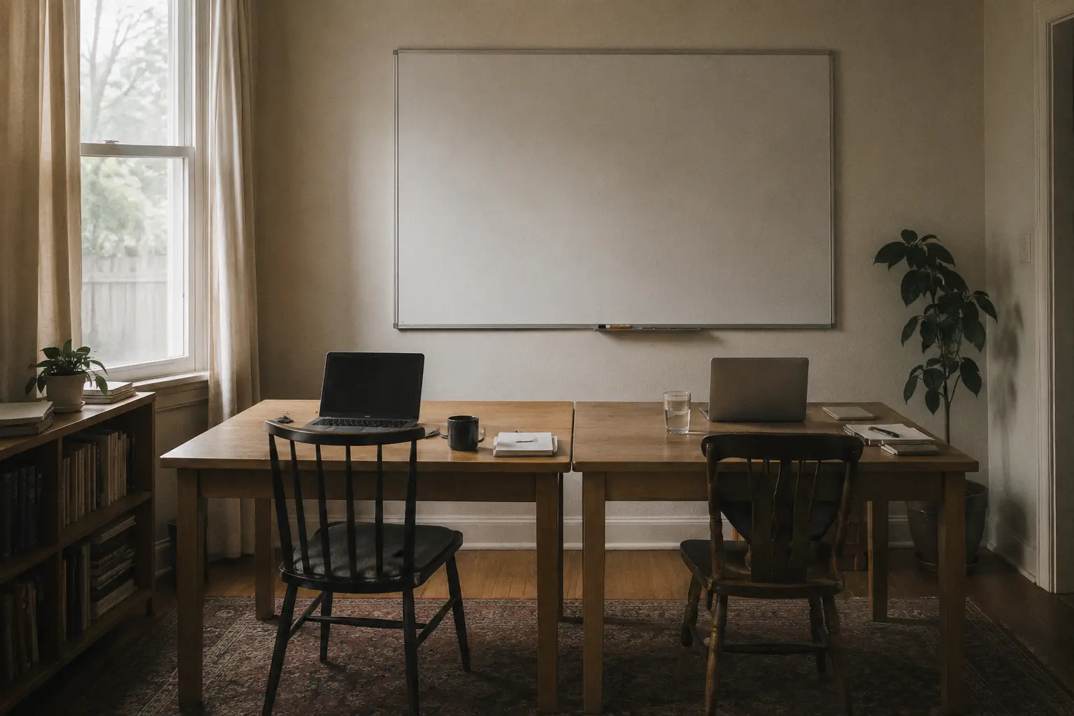 Two desks pushed together in a plain room, with a wiped whiteboard behind them.