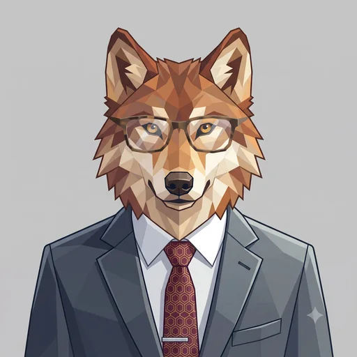 Joseph, drawn as a russet low-poly wolf in a suit and burgundy tie.