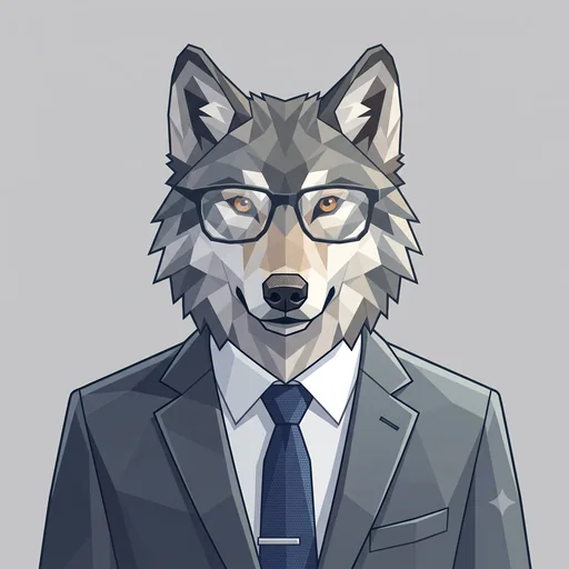 Naveen, drawn as a grey low-poly wolf in a suit and navy tie.